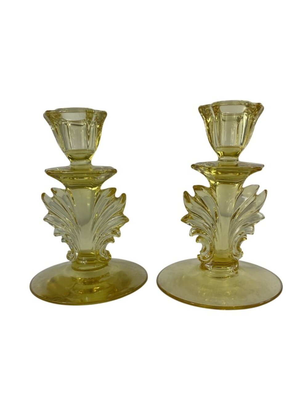 Fostoria Art Glass Baroque Yellow Topaz Candlesticks Set of 2